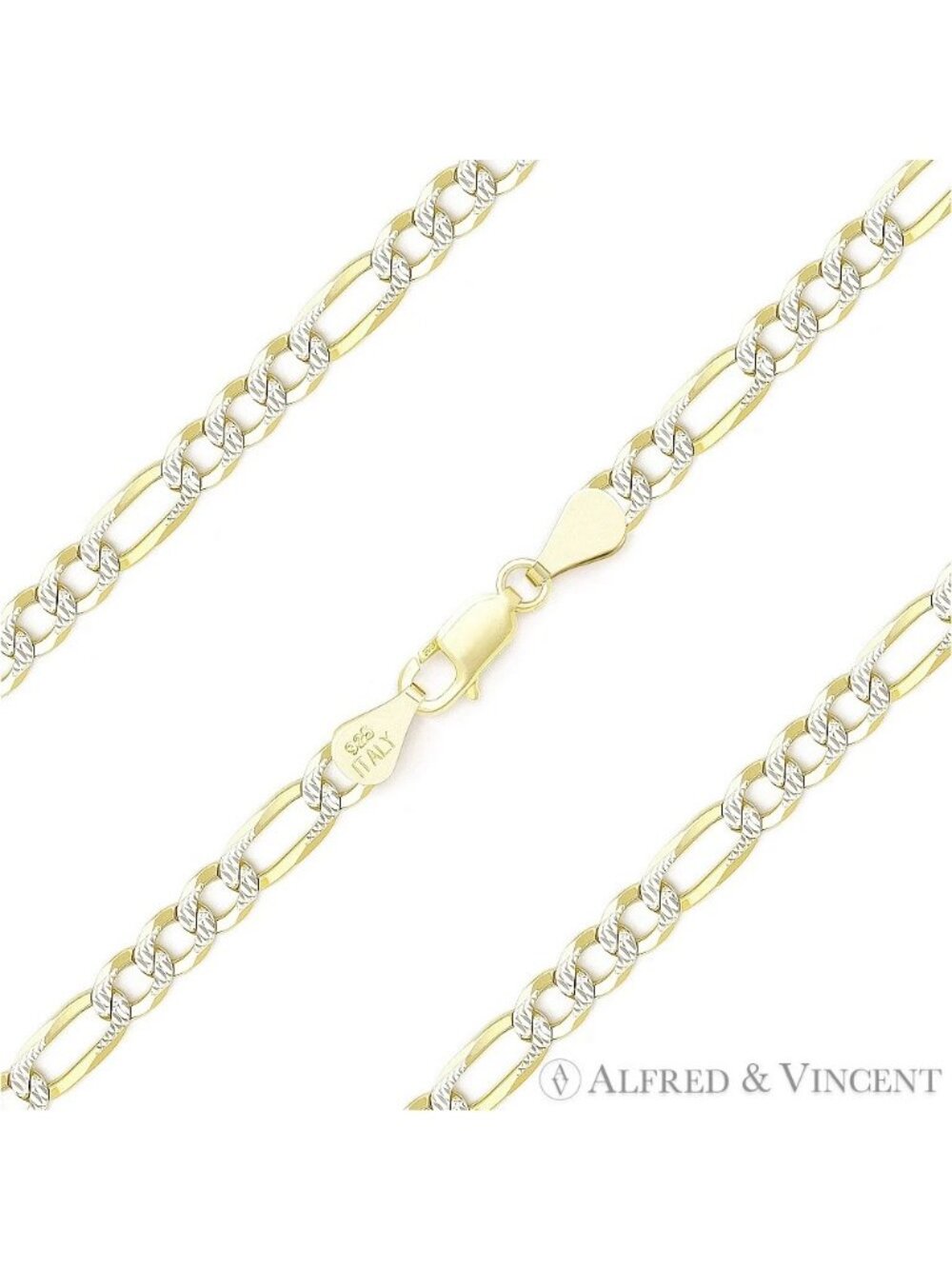 3.6mm Figaro Pave Link .925 Sterling Silver 14k Yellow Gold-Plated Chain Anklet